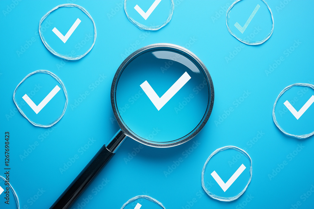A magnifying glass emphasizing a white check mark among crossed out icons on a blue background. Quality control and approval, Checkmark to approve and Wrong mark A magnifying glass emphasizing a white check mark among crossed out icons on a blue background. Quality control and approval, Checkmark to approve and Wrong mark