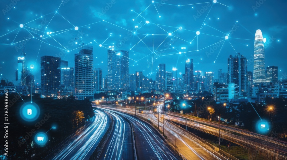 Obraz premium Smart City Night Scene Networked Urban Skyline with Traffic and Digital Connections