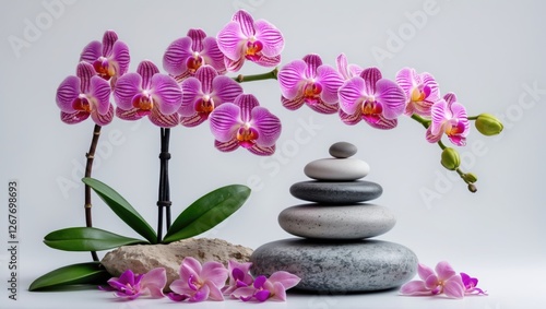 Orchid flowers and smooth spa stones arranged harmoniously on a white background for a tranquil and elegant spa or wellness theme.