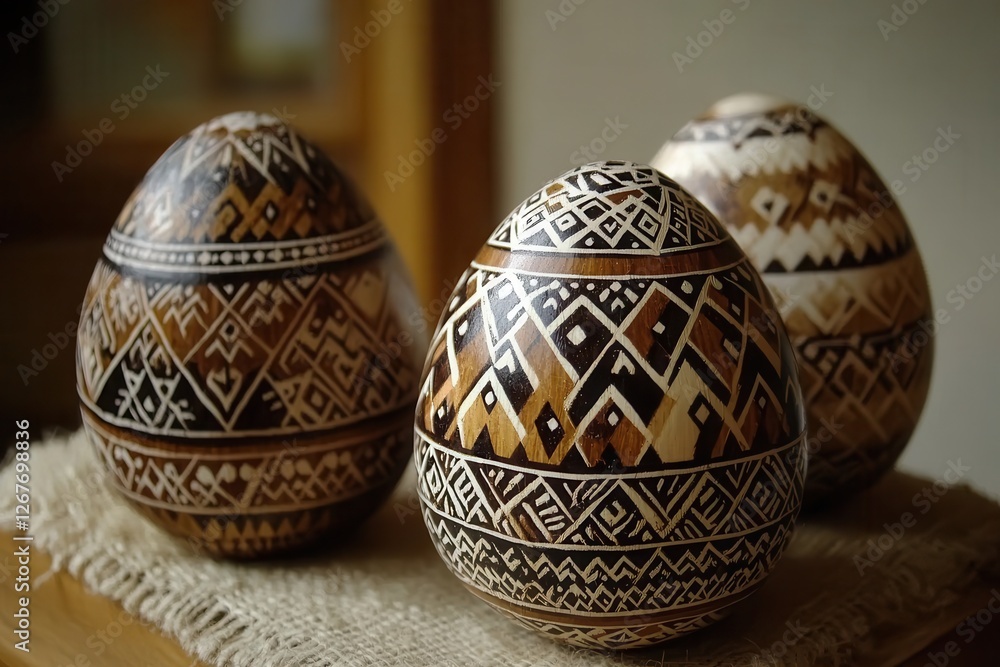 Three beautifully decorated eggs are elegantly placed on a table, complemented by a soft cloth beneath them, creating a charming centerpiece. Three beautifully decorated eggs are elegantly placed on a table, complemented by a soft cloth beneath them, creating a charming centerpiece.