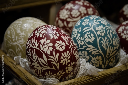 Wallpaper Mural A decorative basket filled with intricately painted eggs, accented by delicate lace trim, showcasing vibrant colors and artistic designs. Torontodigital.ca