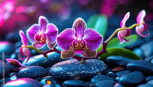 Purple orchid flowers on dark pebbles with blurred colorful background Copy Space