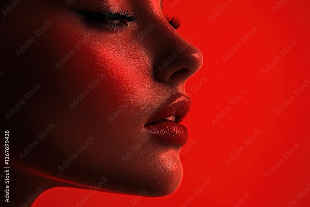Creative advertising layout featuring a striking profile under red lighting Creative advertising layout featuring a striking profile under red lighting