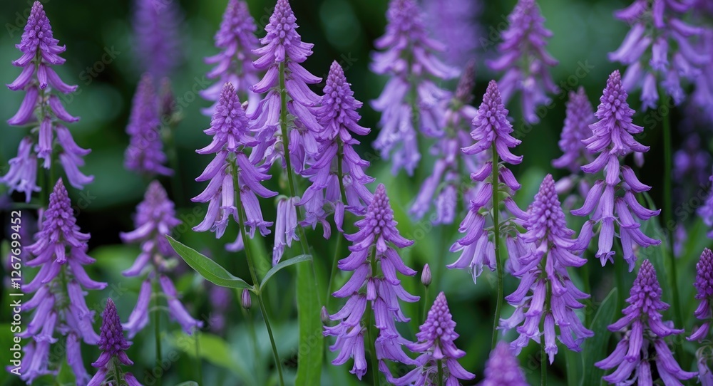 Obraz premium Purple flowering plants in a lush garden setting with soft focus and natural light showcasing vibrant blooms and greenery Copy Space