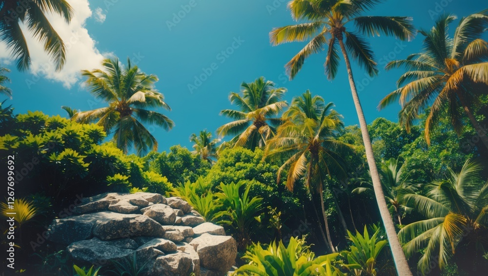Fototapeta premium Tropical landscape with palm trees lush greenery and rock formation under a clear blue sky Copy Space