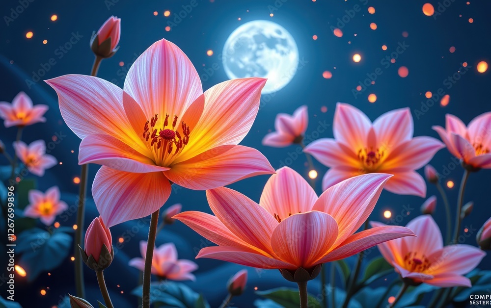  stunning close-up of vibrant, glowing flowers in full bloom, illuminated with soft golden light. The petals exhibit 