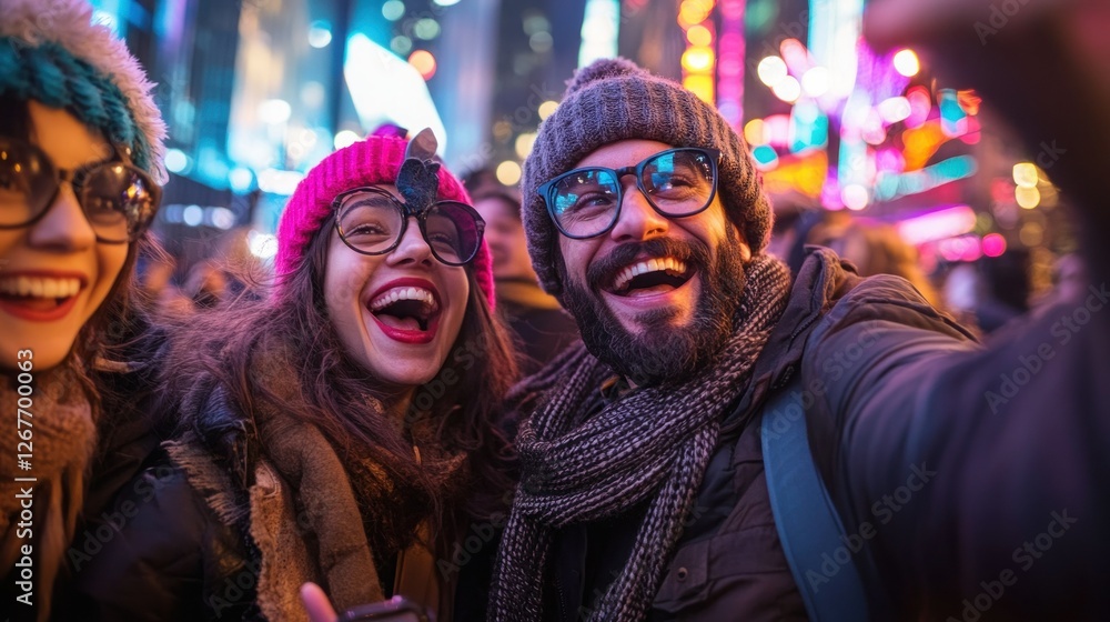 Fototapeta premium Happy friends selfie in illuminated city night