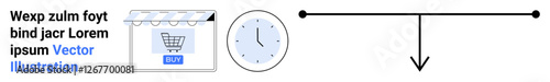 Shopping cart in browser, clock, and balance scale with double-headed arrows for time, choices, and decision-making. Ideal for e-commerce, workflow, decision balance, efficiency time tracking