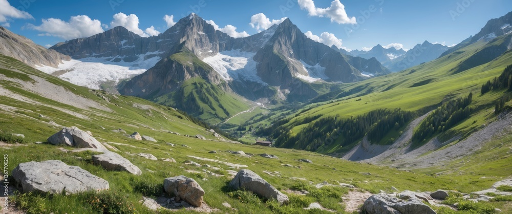 Fototapeta premium Majestic Alpine Landscape Featuring Lush Green Mountains Under Bright Blue Sky and Soft White Clouds on a Sunny Day