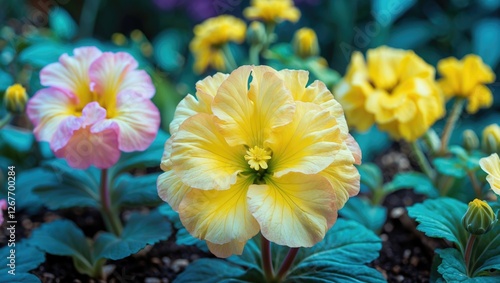 Vibrant yellow pelargonium flowers blooming in a lush garden setting with soft pink and green foliage enhancing their beauty. photo