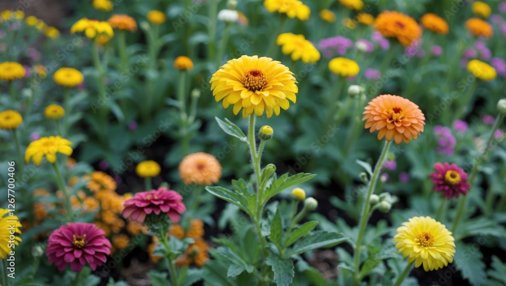 Colorful blooming flowers in a garden with various shapes and shades including yellow, orange, and purple petals in a natural setting Copy Space Colorful blooming flowers in a garden with various shapes and shades including yellow, orange, and purple petals in a natural setting Copy Space