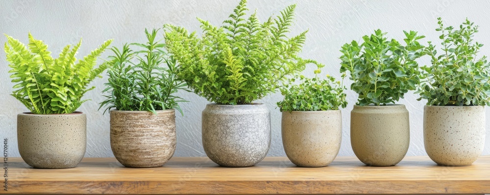 Aromatic plants arranged in rustic pots on a wooden table with natural light illuminating their textures and vibrant colors creating a warm ambiance Aromatic plants arranged in rustic pots on a wooden table with natural light illuminating their textures and vibrant colors creating a warm ambiance