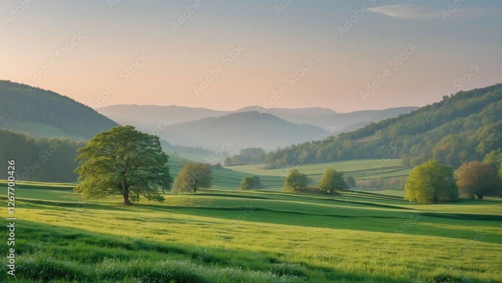 Fototapeta premium Lush green landscape with rolling hills and trees under a soft morning light serene natural scenery with copy space