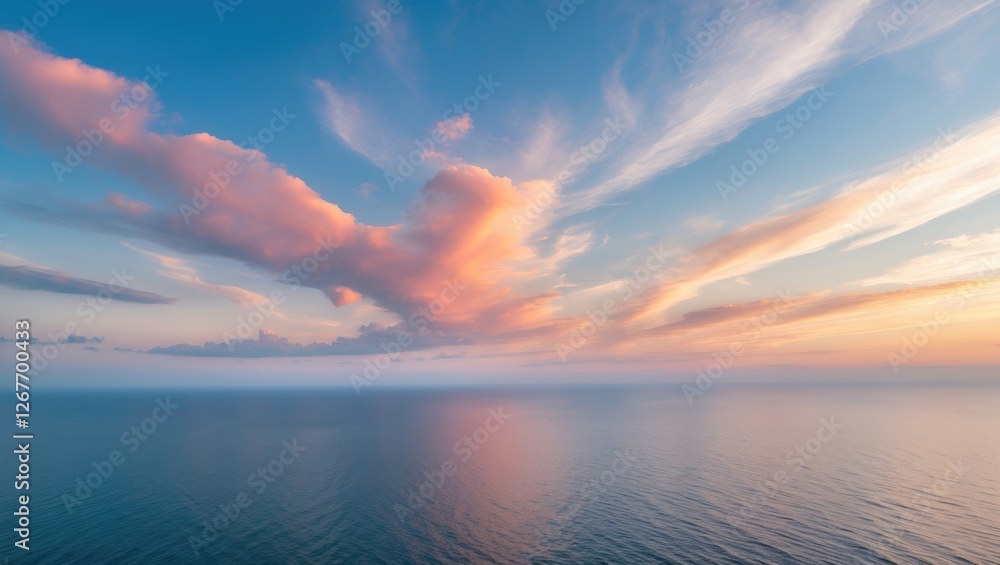 Fototapeta premium Serene Ocean Horizon Under a Dramatic Sky with Soft Clouds and Tranquil Water Reflections Ideal for Text Overlay