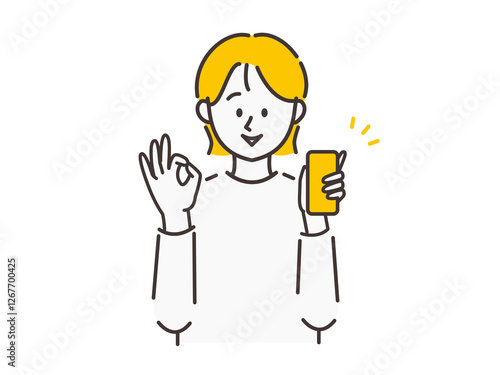 スマートフォンを片手に持ってOKのポーズをしている女性