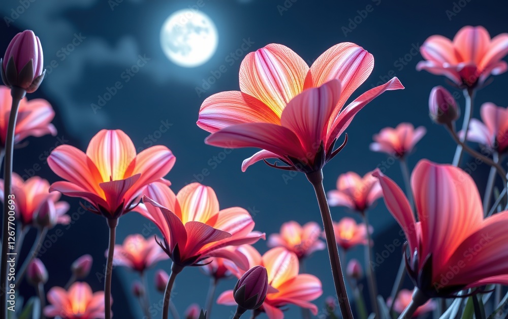 stunning close-up of vibrant, glowing flowers in full bloom, illuminated with soft golden light. The petals exhibit stunning close-up of vibrant, glowing flowers in full bloom, illuminated with soft golden light. The petals exhibit