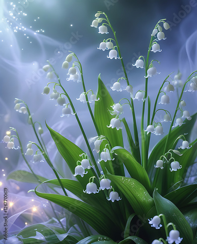  Lily of the Valley flowers in a vibrant spectrum of colors, set against a dreamy, misty backdrop. Created with generated AI.