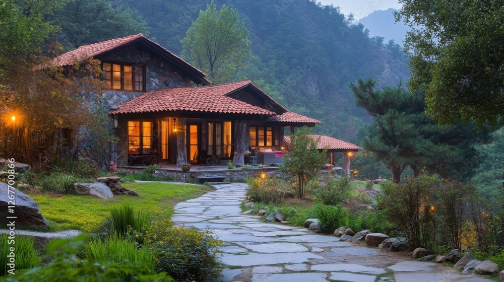 Luxurious Stone Mountain Lodge Retreat Scenic Evening Pathway Tranquil Landscape Luxurious Stone Mountain Lodge Retreat Scenic Evening Pathway Tranquil Landscape