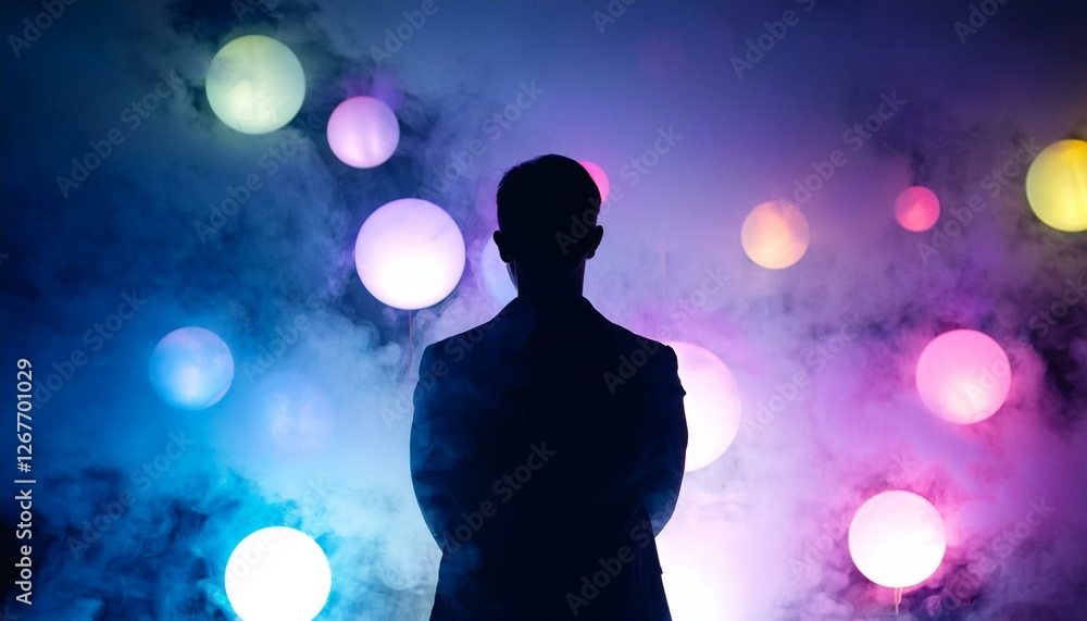 silhouette against colorful glowing spheres in a smoky background silhouette against colorful glowing spheres in a smoky background