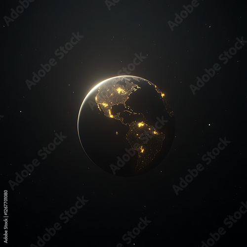 Earth Glow Night View from Space Hemisphere Showing Americas with Stars Field Dark Background
