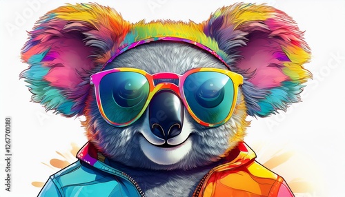cartoon colorful koala with sunglasses on isolated background created with generative ai