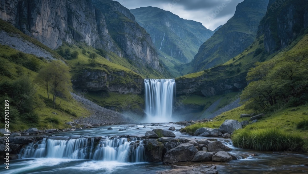 Fototapeta premium Majestic waterfall cascading down rocky cliffs surrounded by lush green mountains and dramatic clouds for nature landscape imagery Copy Space