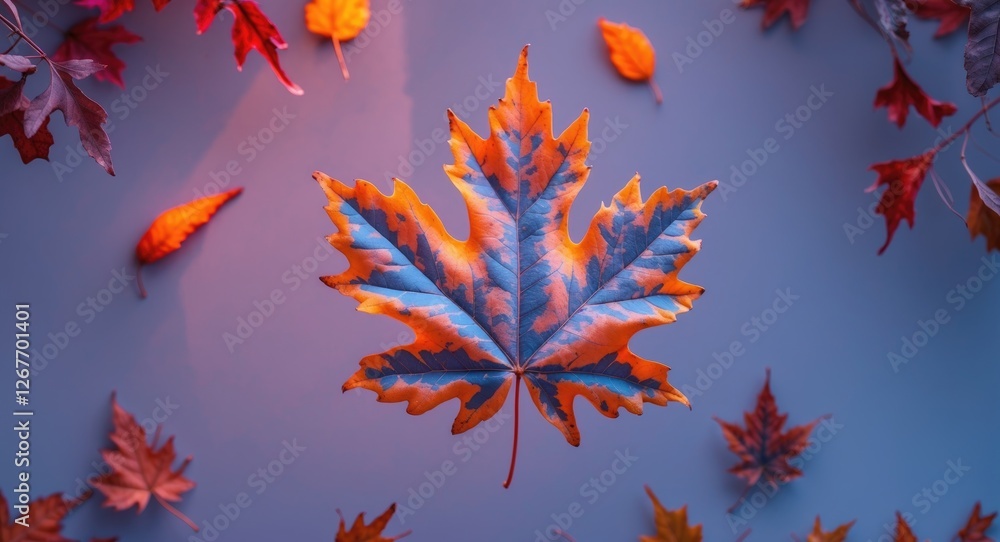 Vibrant Autumn Leaf Surrounded By Colorful Faded Leaves In Soft Neon Lighting Perfect For Creative Backgrounds And Text Overlay