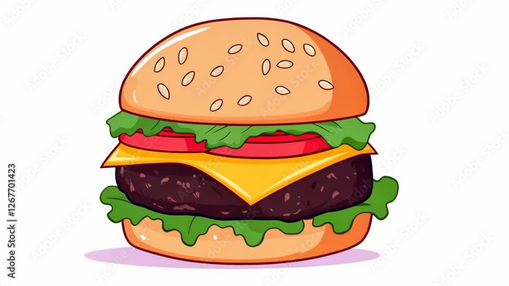 Delicious hamburger stacked with fresh ingredients including cheese, lettuce, and tomato on a sesame seed bun Delicious hamburger stacked with fresh ingredients including cheese, lettuce, and tomato on a sesame seed bun