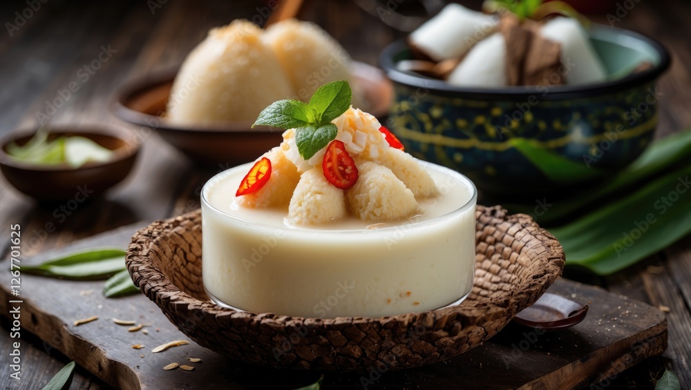 Coconut pudding dessert with fruits and herbs on rustic wooden table with decorative elements and copy space for text Coconut pudding dessert with fruits and herbs on rustic wooden table with decorative elements and copy space for text