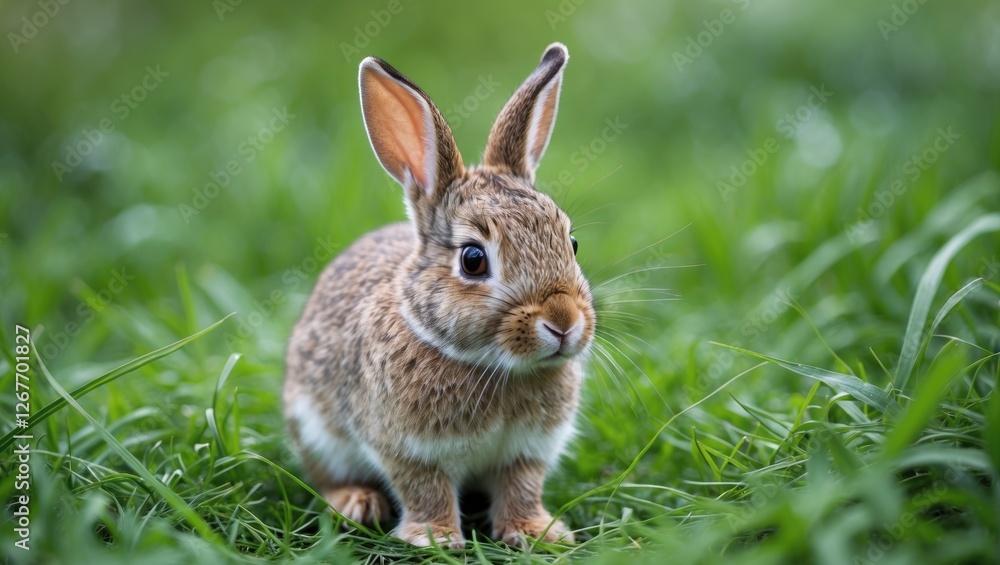 Wild rabbit sitting on green grass with alert expression and soft fur Copy Space Wild rabbit sitting on green grass with alert expression and soft fur Copy Space