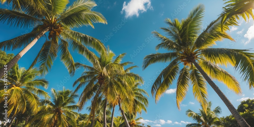 Obraz premium Tropical Palm Trees Under Clear Blue Sky Perfect for Summer Vacation Background and Copy Space for Text