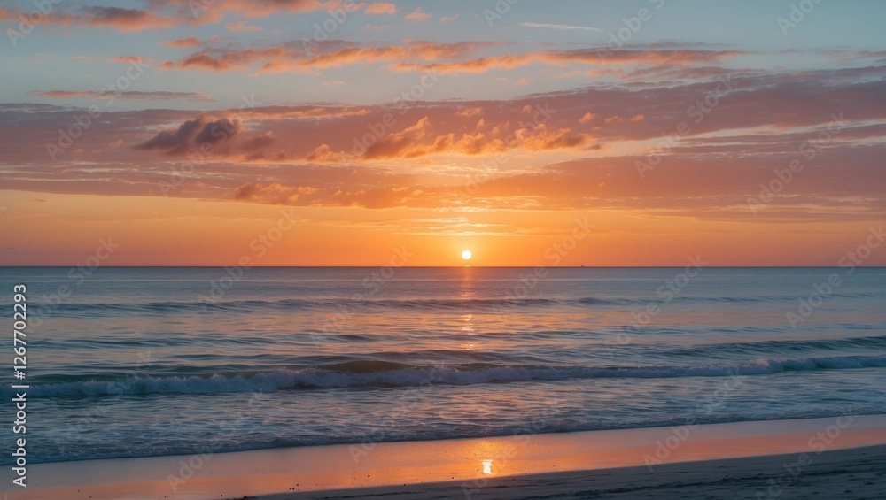 Fototapeta premium Tranquil Sunset Over Calm Ocean Waves with Serene Beach Landscape and Space for Textual Overlay