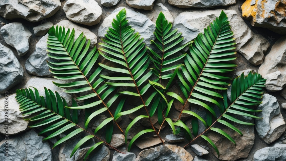 Obraz premium Tropical Fern Leaves Arranged on a Natural Stone Background for Decorative or Marketing Use with Empty Space for Text Insertions