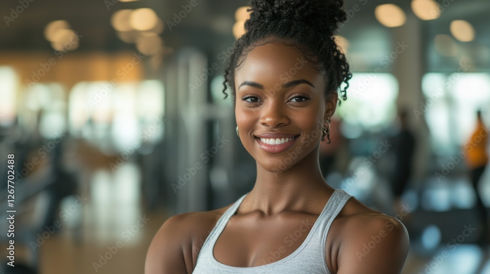 A smiling woman in a vibrant workout outfit stands confidently in a brightly lit gym, surrounded by modern fitness equipment A smiling woman in a vibrant workout outfit stands confidently in a brightly lit gym, surrounded by modern fitness equipment