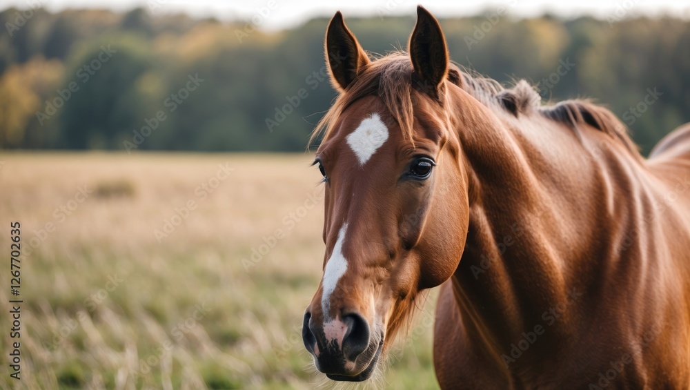 Fototapeta premium Majestic Chestnut Horse Portrait in Natural Landscape with Soft Focus Background and Clear Space for Personal or Promotional Text