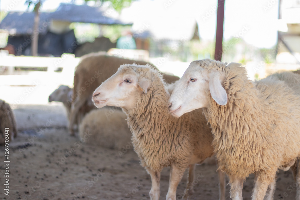 Obraz premium A sheep farm in Asia with cute sheep looking at the camera, with a flock of sheep in the background and little white lambs nursing their mother's milk.