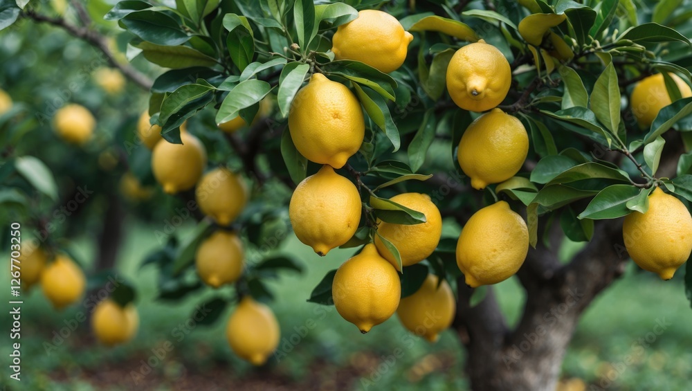 Lemon tree branches laden with ripe yellow lemons in a lush orchard setting with green leaves and blurred background. Copy Space Lemon tree branches laden with ripe yellow lemons in a lush orchard setting with green leaves and blurred background. Copy Space