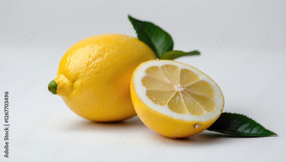 Fresh yellow lemons whole and sliced with green leaves on white background Copy Space Fresh yellow lemons whole and sliced with green leaves on white background Copy Space