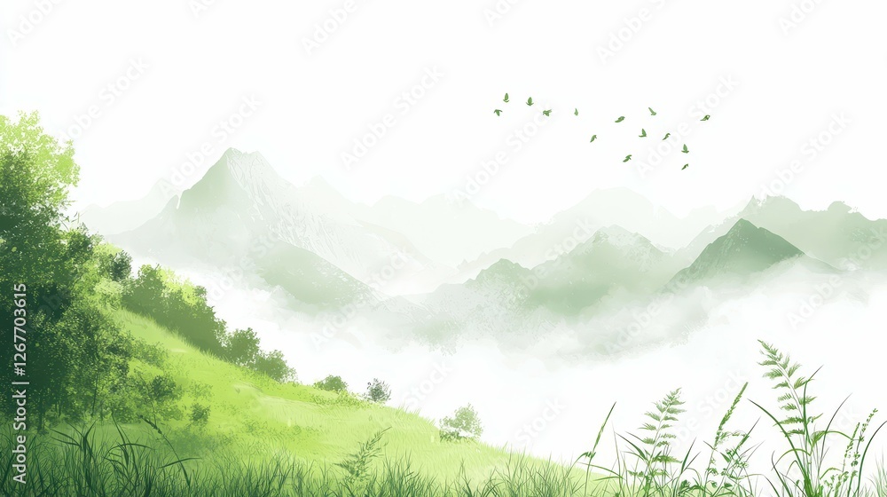 Fototapeta premium Serene Mountain Vista with Birds in Flight Peaceful Nature Scene