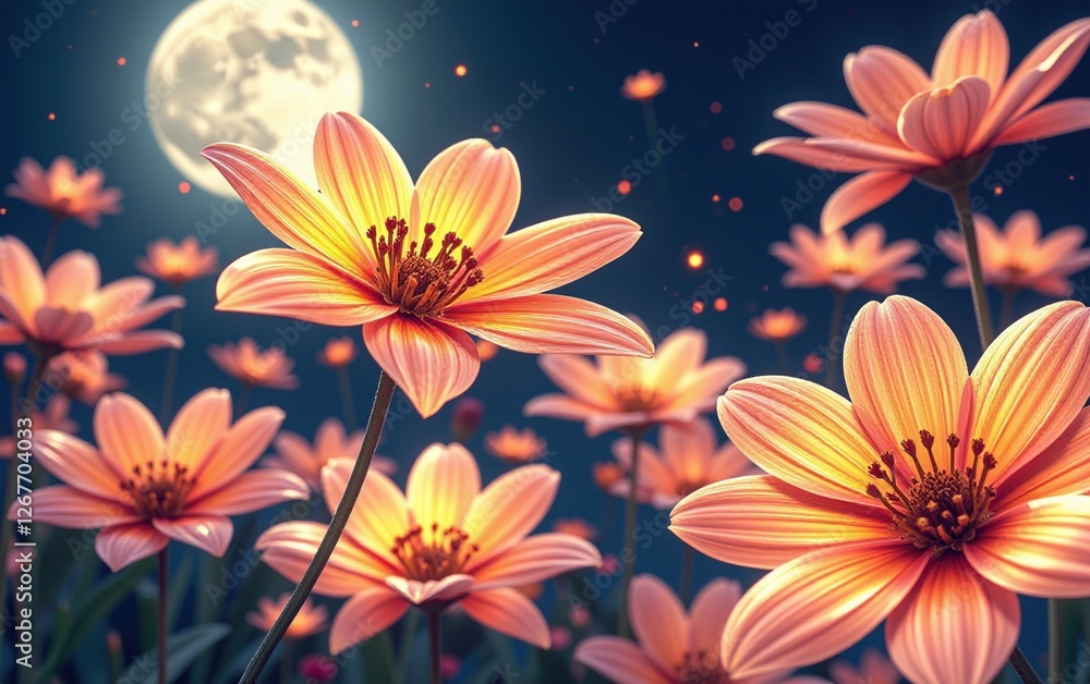 A stunning close-up of vibrant, glowing flowers in full bloom, illuminated with soft golden light. A stunning close-up of vibrant, glowing flowers in full bloom, illuminated with soft golden light.
