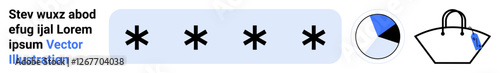 A password entry field with asterisks, a pie chart representing data, and a shopping bag emphasizing e-commerce and security. Ideal for technology, analytics, retail, data security, digital commerce