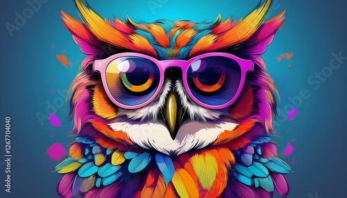 cartoon colorful owl with sunglasses on isolated background created with generative ai