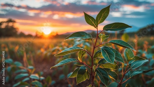 Close-up of green plant with sunset in background and blurred field, natural environment, warm colors, Copy Space
