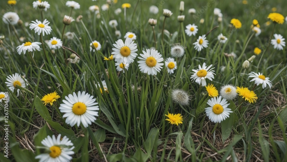 Fototapeta premium Field of white daisies and yellow dandelions blooming in lush green grass with natural light Copy Space
