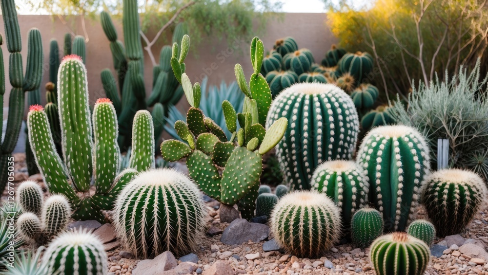 Diverse collection of cacti in desert garden with multiple species and textures surrounded by rocky landscape and natural sunlight Copy Space Diverse collection of cacti in desert garden with multiple species and textures surrounded by rocky landscape and natural sunlight Copy Space