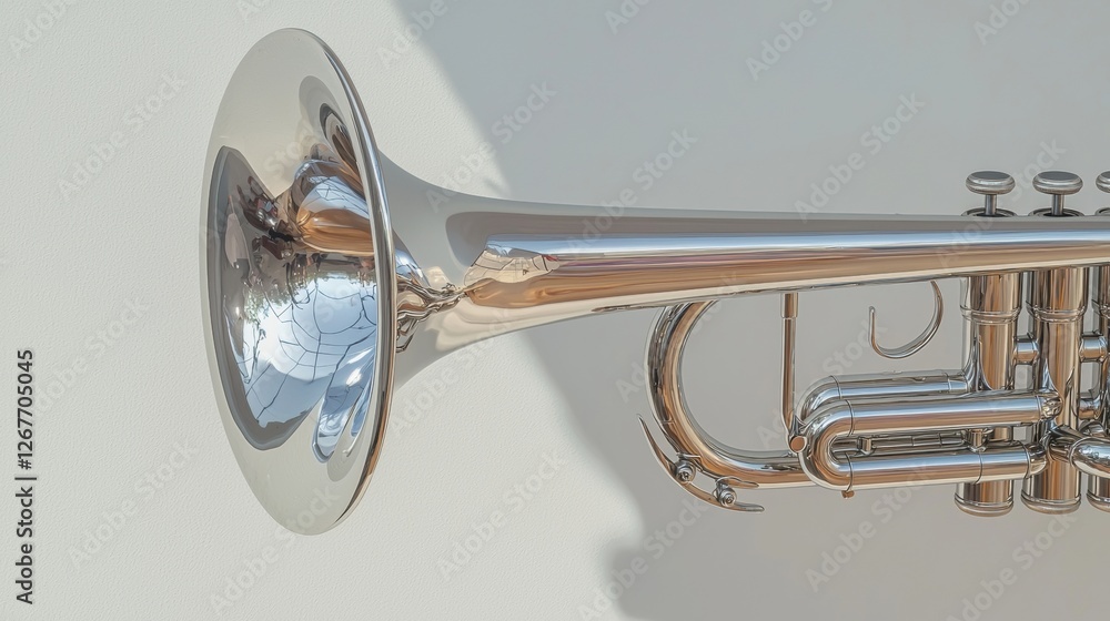Obraz premium Close-up of a silver-colored trumpet. the trumpet has a long, curved body with a pointed tip and a bell at the end.