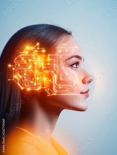 AI Cyborg Woman Face Circuitry - Futuristic AI, cyborg woman, circuitry, technology, innovation. Symbolizing intelligence, connection, future, technology, and humanity