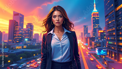 Confident young businesswoman in a suit, standing boldly against a colorful sunset cityscape