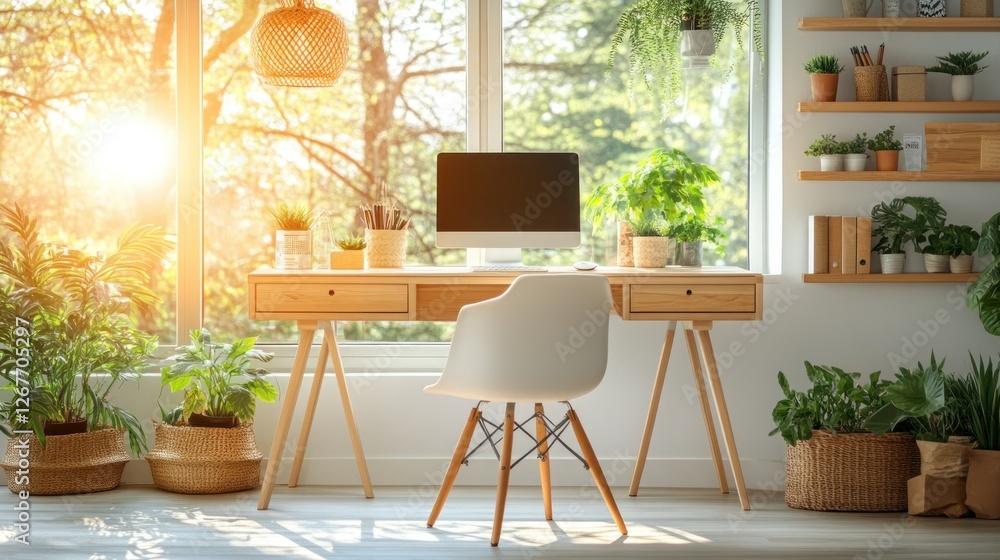 Obraz premium Sunny home office workspace with plants and wooden desk