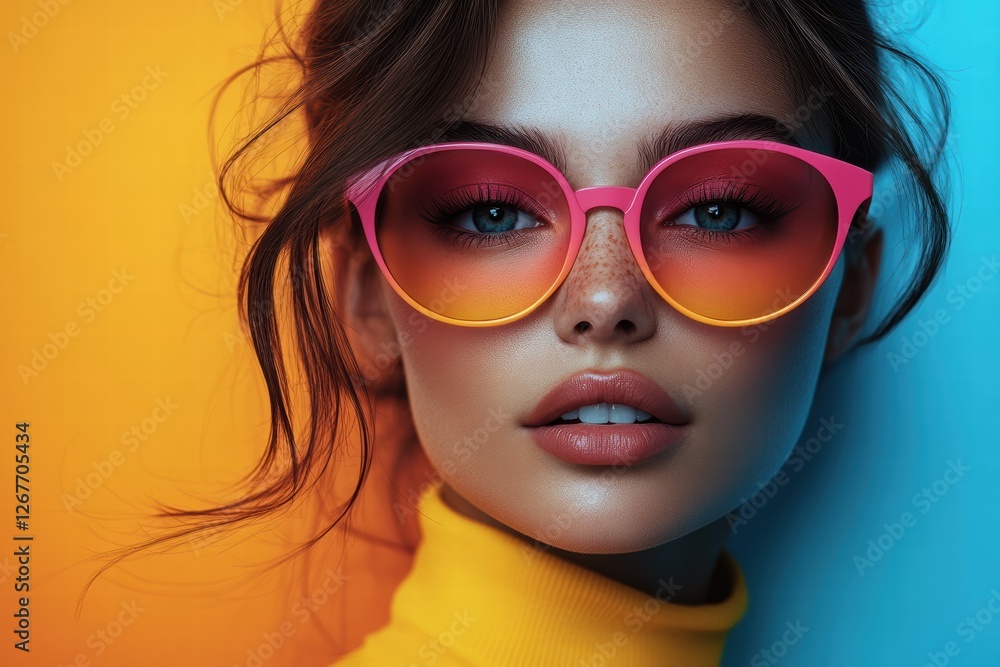 Modern graphic layout for promotional flyers featuring a stylish model with vibrant sunglasses Modern graphic layout for promotional flyers featuring a stylish model with vibrant sunglasses